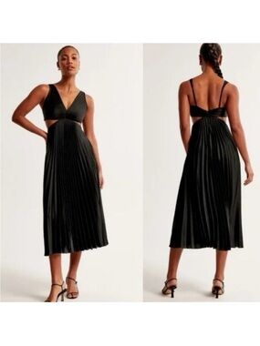 🌼 Abercrombie & Fitch Giselle Pleated V-Neck Cut-Out Midi Dress in Black